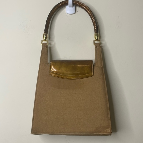 Stuart Weitzman Gold Vintage Silk / Patent Leather Top Handle Evening Bag Spain - Picture 17 of 17